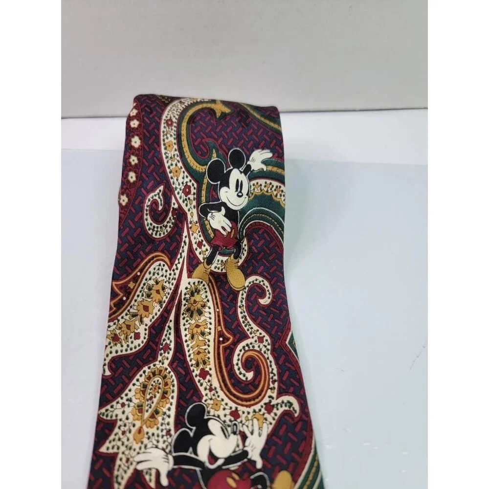 Disney Mickey Mouse Mens Silk Tie Vintage Paisley Burgundy Red Green Gold